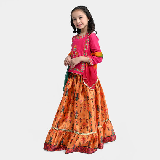 Girls Raw Silk 3PCs Suit Noor-e-DIL -Hot Pink