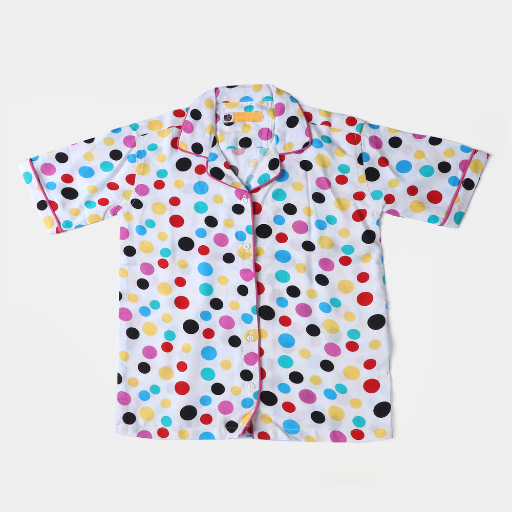 Infant Girls Cotton Woven Night Suit Multi Dots-White