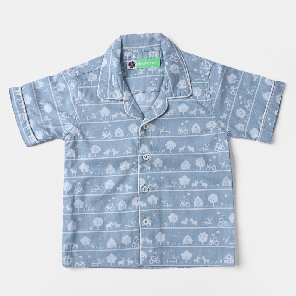 Infant Boys Cotton Woven Nightwear Suit Farm-LIGHT GREY