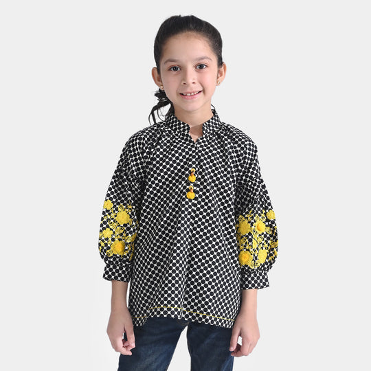 Girls Cotton EMB Top Yellow Effect-BLACK