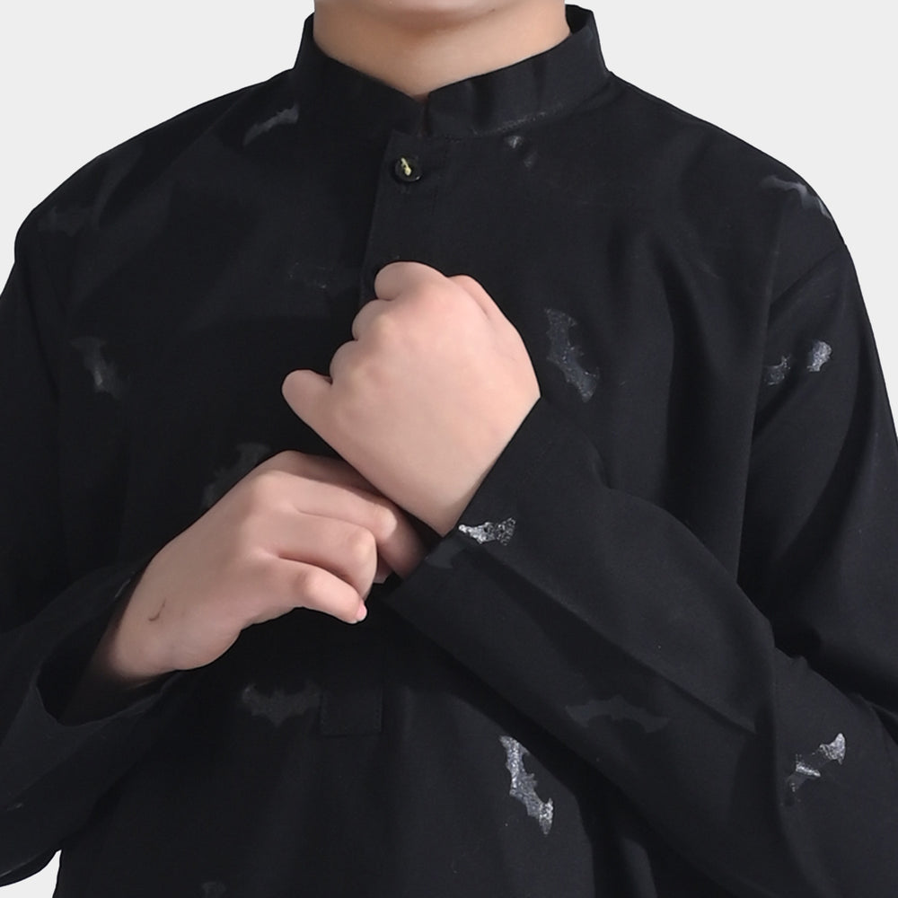 Boys Cotton Poplin Printed Kurta (Well Print)-BLACK