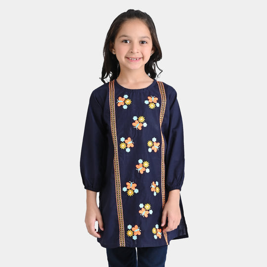 Girls Cotton Slub EMB Kurti Butterflies-Navy Blue