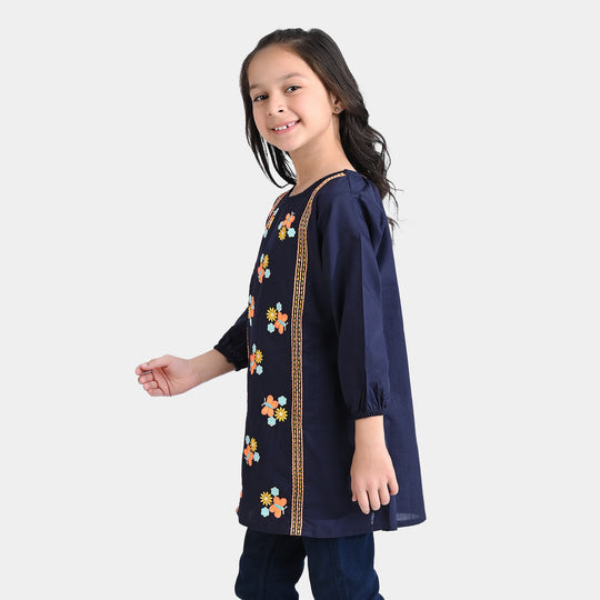 Girls Cotton Slub EMB Kurti Butterflies-Navy Blue