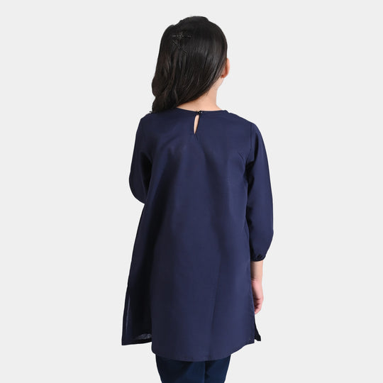 Girls Cotton Slub EMB Kurti Butterflies-Navy Blue