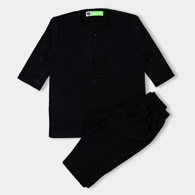 Infant Boys Cotton Poplin Shalwar Suit (Floral EMB)-BLACK