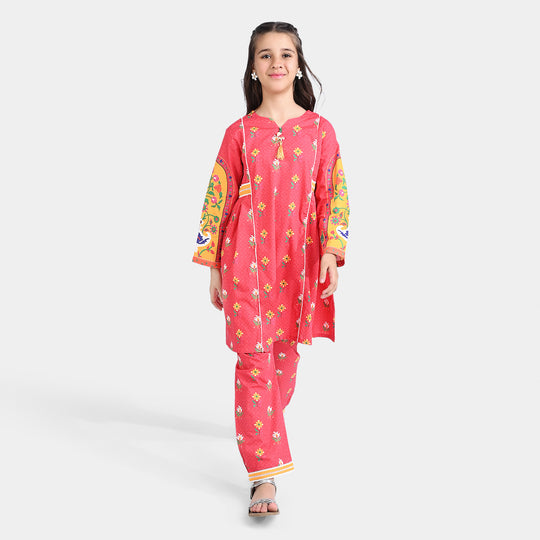 Girls Cotton Poplin Printed 2 PCs Suit Mehrab-Red