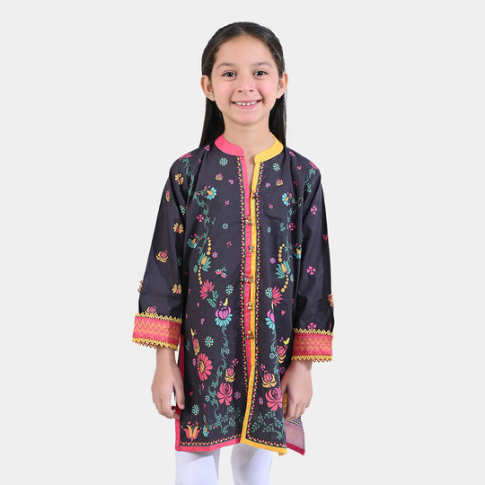 Girls Cotton Poplin Printed Kurti Autum Floral-BLACK