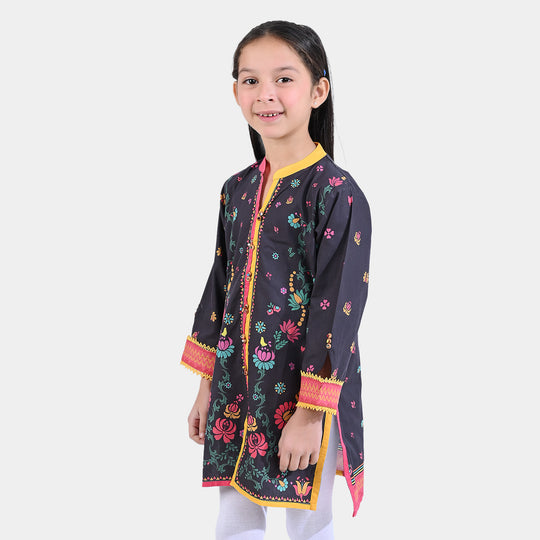 Girls Cotton Poplin Printed Kurti Autum Floral-BLACK