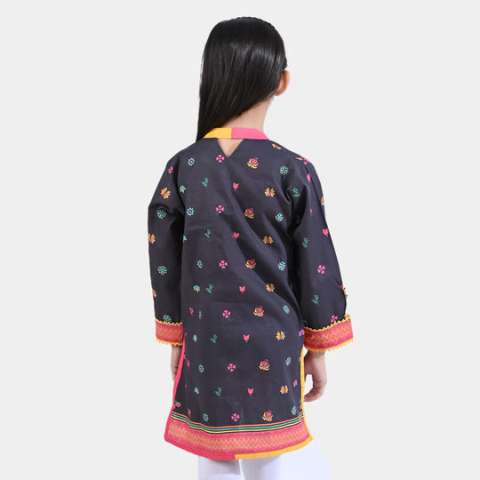 Girls Cotton Poplin Printed Kurti Autum Floral-BLACK