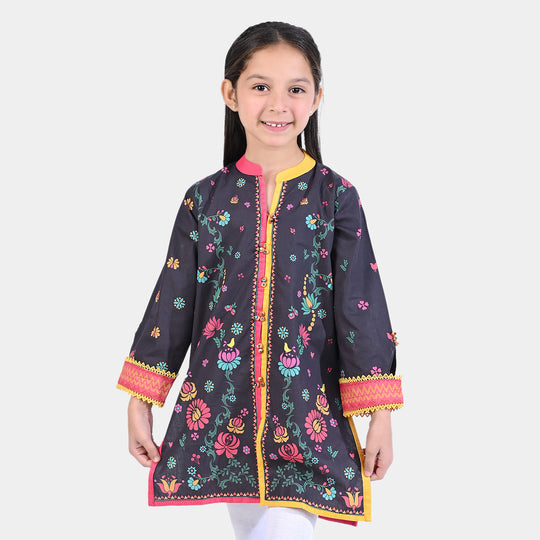 Girls Cotton Poplin Printed Kurti Autum Floral-BLACK