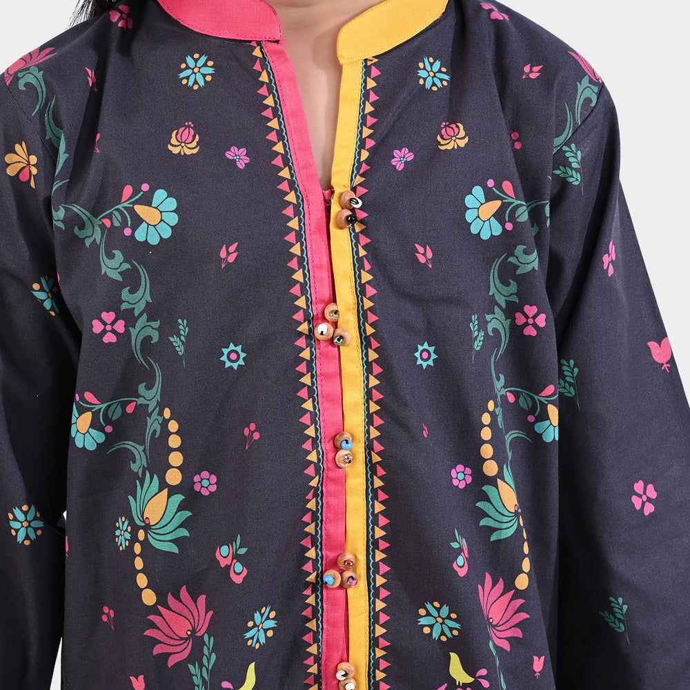 Girls Cotton Poplin Printed Kurti Autum Floral-BLACK