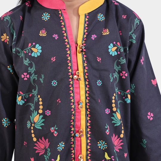 Girls Cotton Poplin Printed Kurti Autum Floral-BLACK