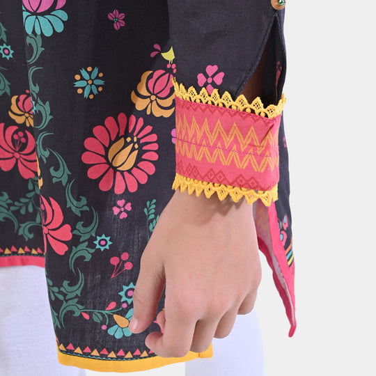 Girls Cotton Poplin Printed Kurti Autum Floral-BLACK