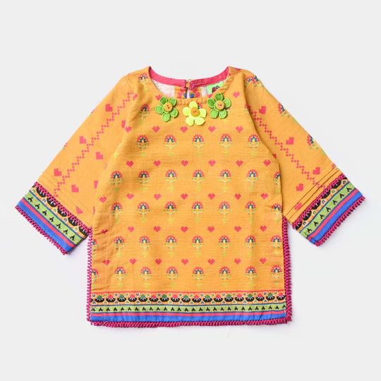 Infant Girls Cotton Slub Printed Kurti Cross Stitch Heart-Mustard