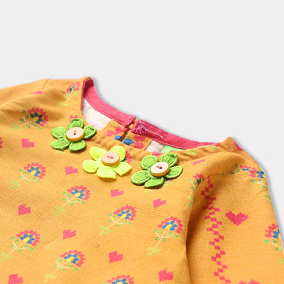 Infant Girls Cotton Slub Printed Kurti Cross Stitch Heart-Mustard