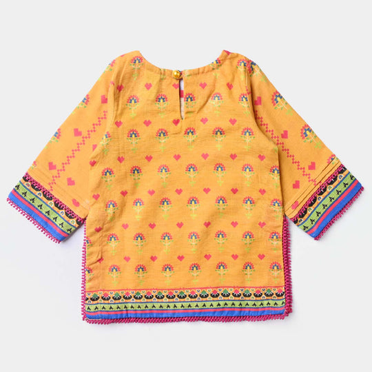 Infant Girls Cotton Slub Printed Kurti Cross Stitch Heart-Mustard