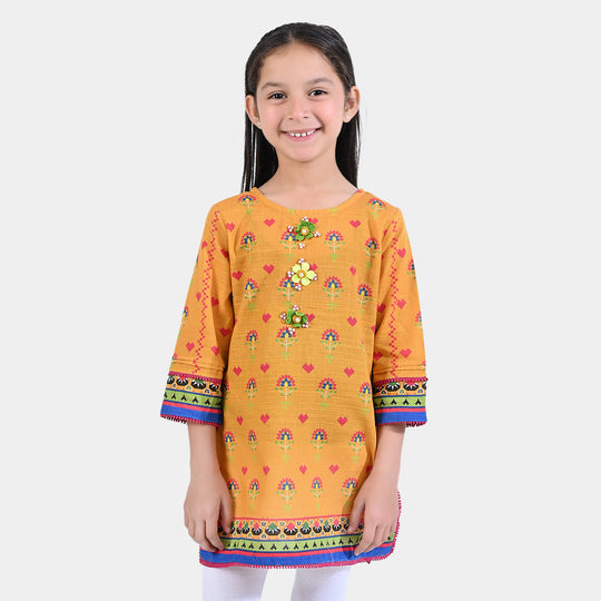 Girls Cotton Slub Printed Kurti Cross Stitch Heart-Mustard