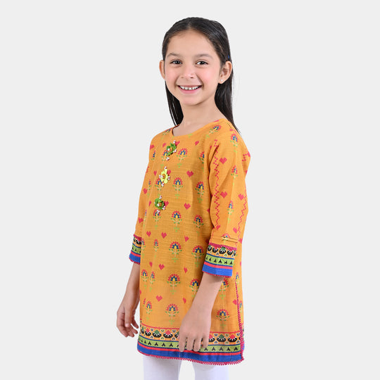 Girls Cotton Slub Printed Kurti Cross Stitch Heart-Mustard