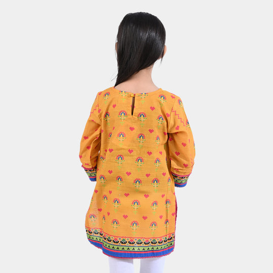 Girls Cotton Slub Printed Kurti Cross Stitch Heart-Mustard