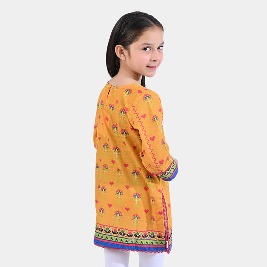 Girls Cotton Slub Printed Kurti Cross Stitch Heart-Mustard