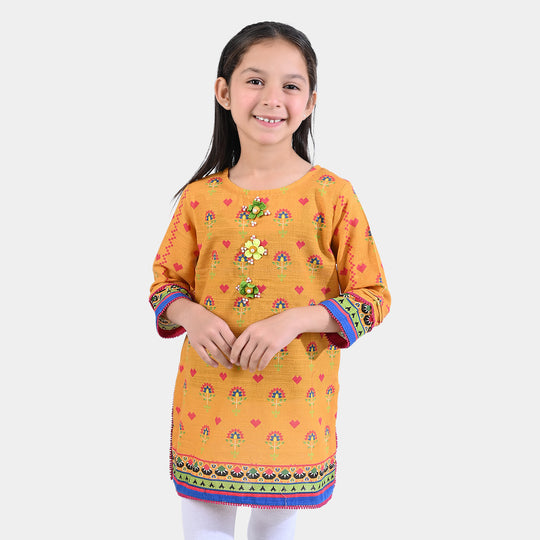 Girls Cotton Slub Printed Kurti Cross Stitch Heart-Mustard