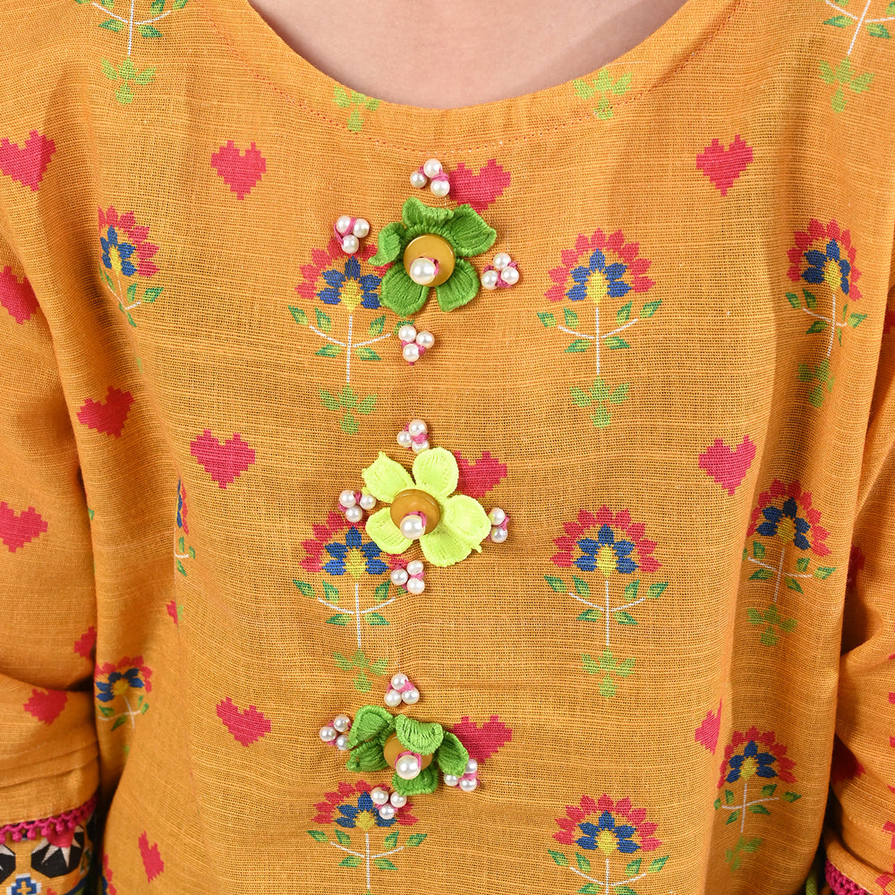 Girls Cotton Slub Printed Kurti Cross Stitch Heart-Mustard