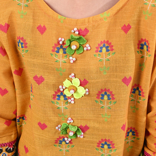 Girls Cotton Slub Printed Kurti Cross Stitch Heart-Mustard