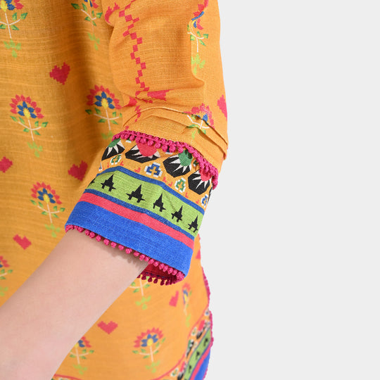 Girls Cotton Slub Printed Kurti Cross Stitch Heart-Mustard