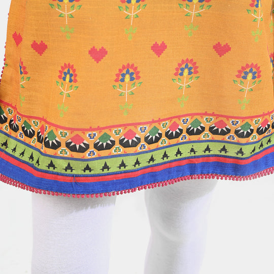 Girls Cotton Slub Printed Kurti Cross Stitch Heart-Mustard