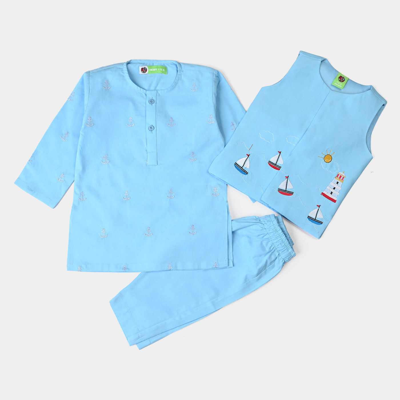 Infant Boys Cotton Slub 3 Piece Suit (Light House)-L/BLUE