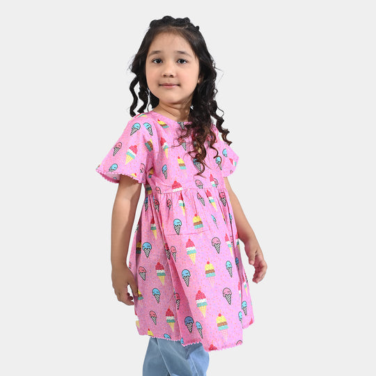 Girls Cotton Poplin Casual Frock Lovely Cones-Pink