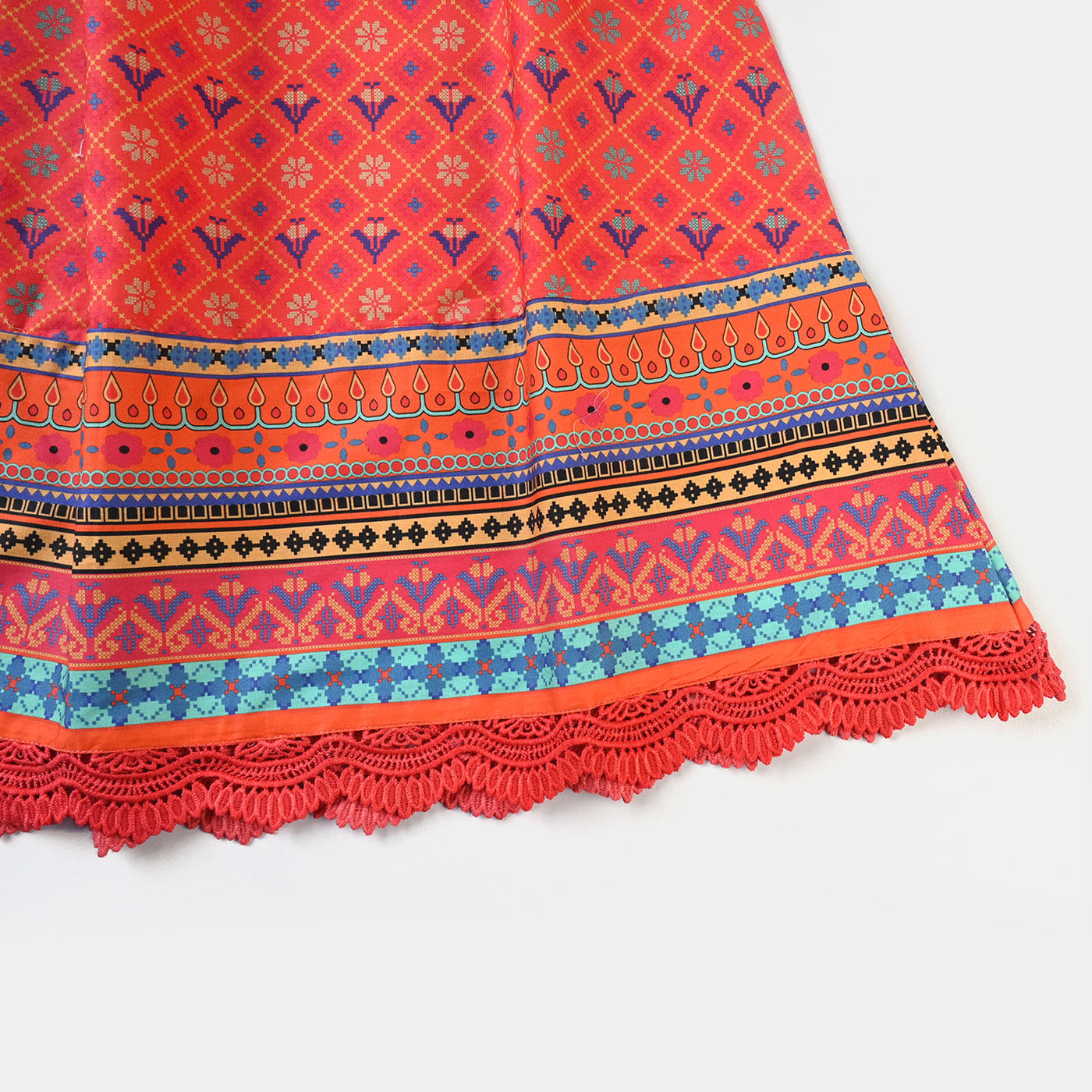 Girls Cotton Poplin Long Skirt Traditional Cross Stitch-Orange
