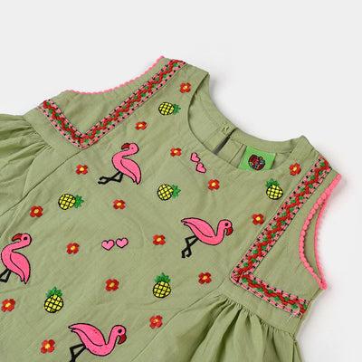 Infant Girls Dobby EMB Kurti Little Flamingos-Grape Green