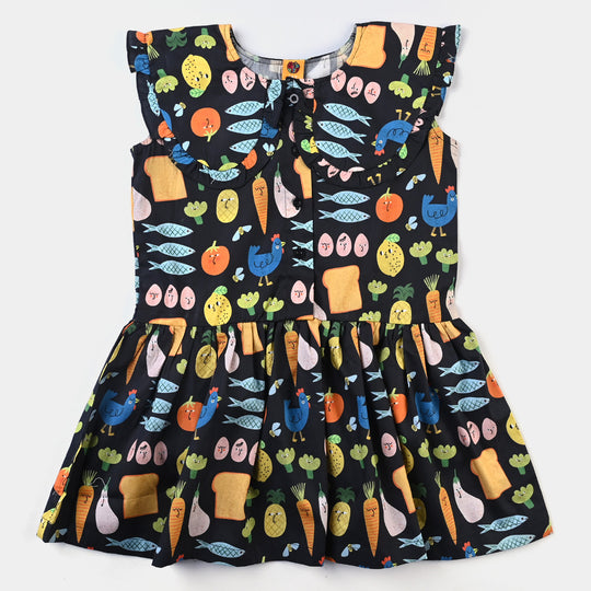 Girls Cotton Poplin Casual Frock Veggies-BLACK