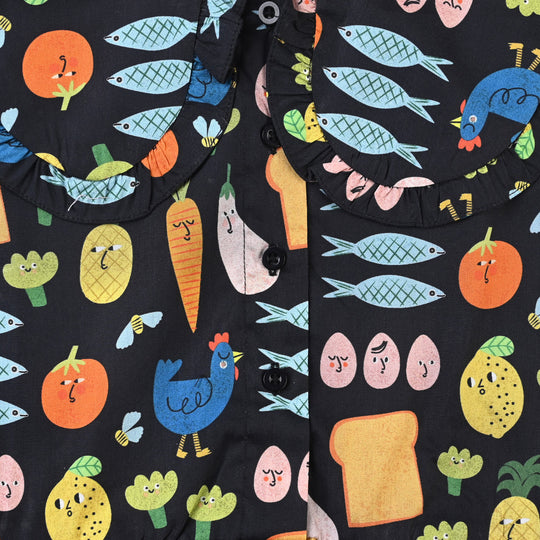 Girls Cotton Poplin Casual Frock Veggies-BLACK