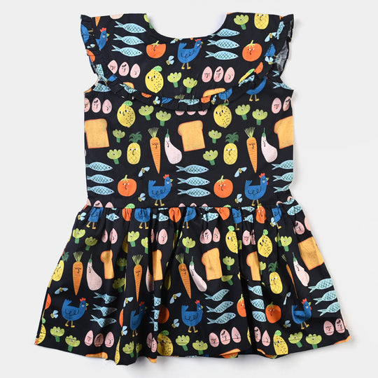 Girls Cotton Poplin Casual Frock Veggies-BLACK