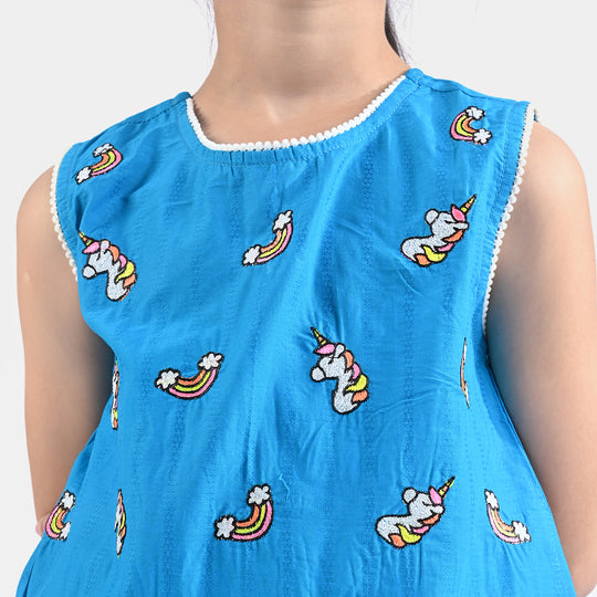 Girls Jacquard EMB Kurti Rainbow-Teal blue