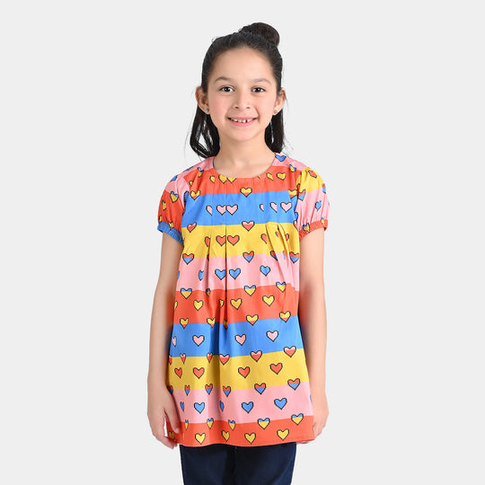 Girls Cotton Poplin Casual Frock Lovely Hearts-Multi