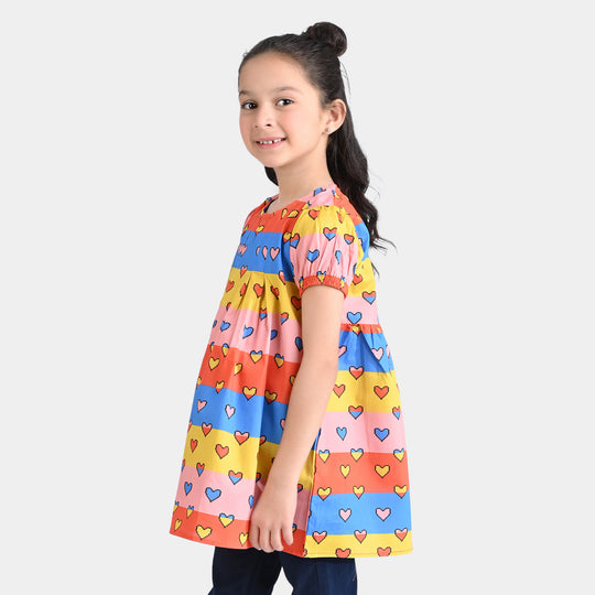 Girls Cotton Poplin Casual Frock Lovely Hearts-Multi