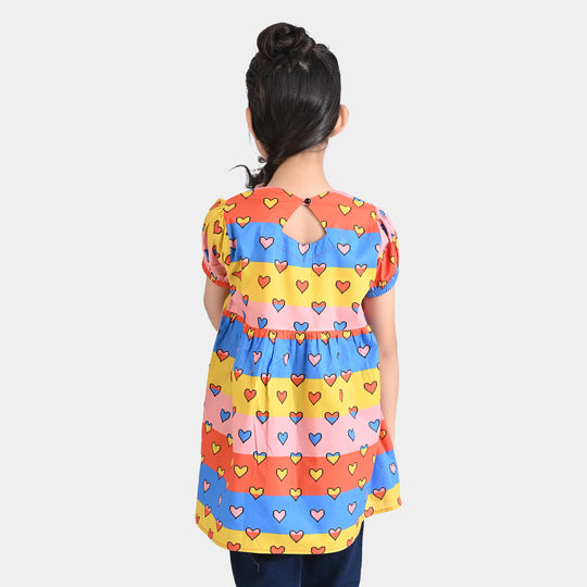 Girls Cotton Poplin Casual Frock Lovely Hearts-Multi