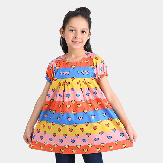 Girls Cotton Poplin Casual Frock Lovely Hearts-Multi