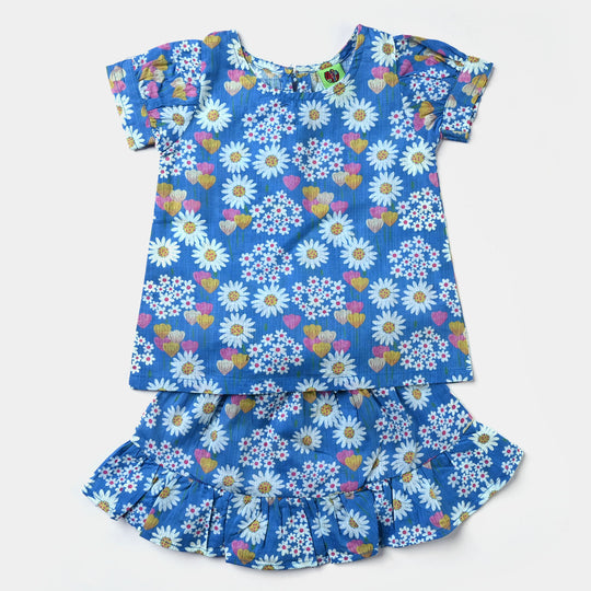 Girls Cotton Slub-2PCs Suit White Flowers-Blue