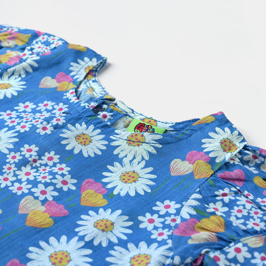 Girls Cotton Slub-2PCs Suit White Flowers-Blue