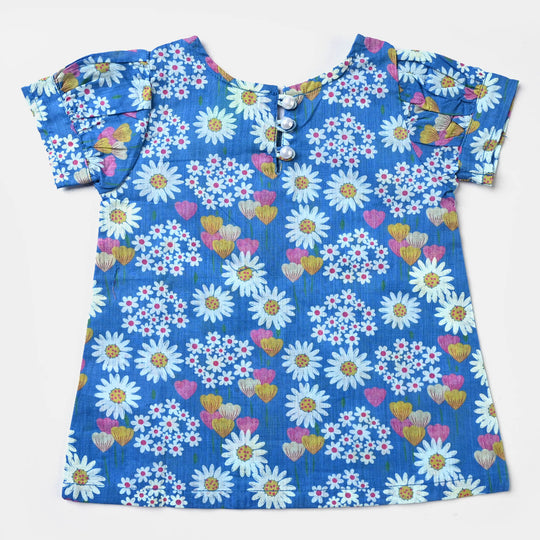 Girls Cotton Slub-2PCs Suit White Flowers-Blue