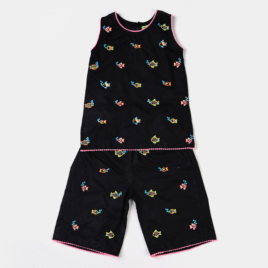 Infant Girls Cotton Slub EMB 2PCs Little Fishes-BLACK