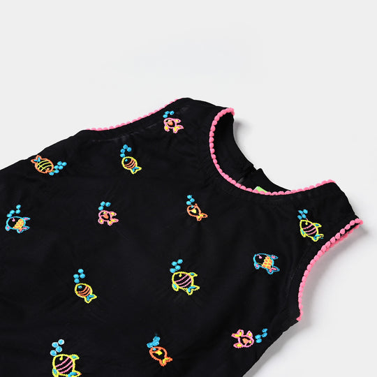 Infant Girls Cotton Slub EMB 2PCs Little Fishes-BLACK