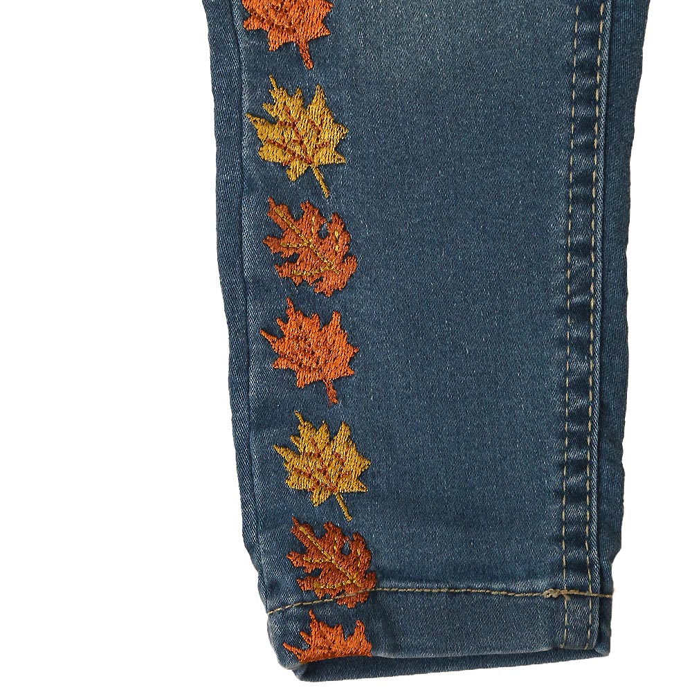 Autumn Leaves Denim Pant For Girls - Ice Blue