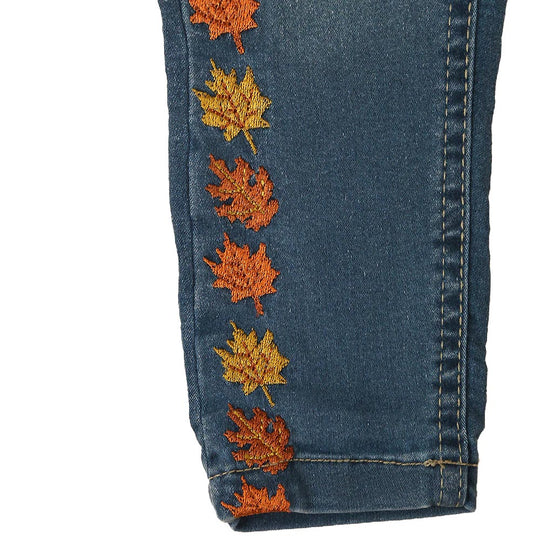 Autumn Leaves Denim Pant For Girls - Ice Blue