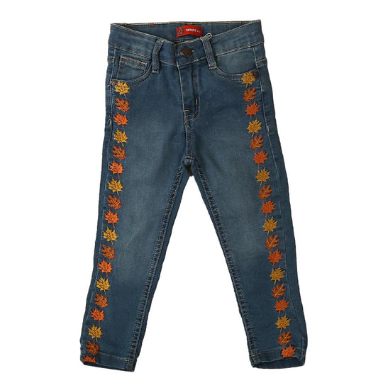 Autumn Leaves Denim Pant For Girls - Ice Blue