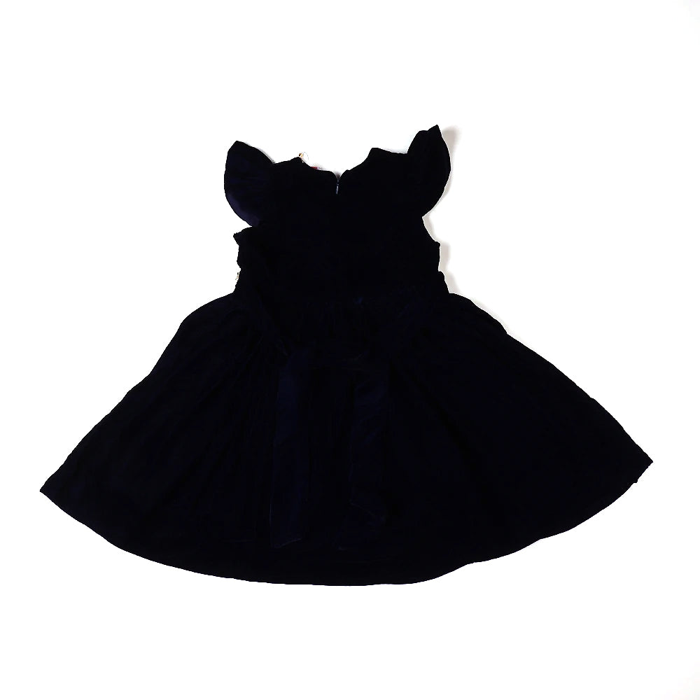 Fancy Velvet Frock For Girls - Navy Blue